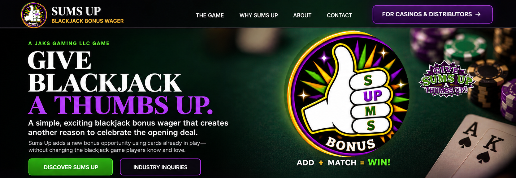 Sums Up homepage: Give Blackjack a Thumbs Up
